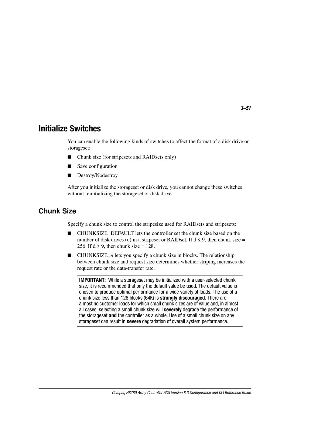 Compaq HSZ80 manual Initialize Switches, Chunk Size 