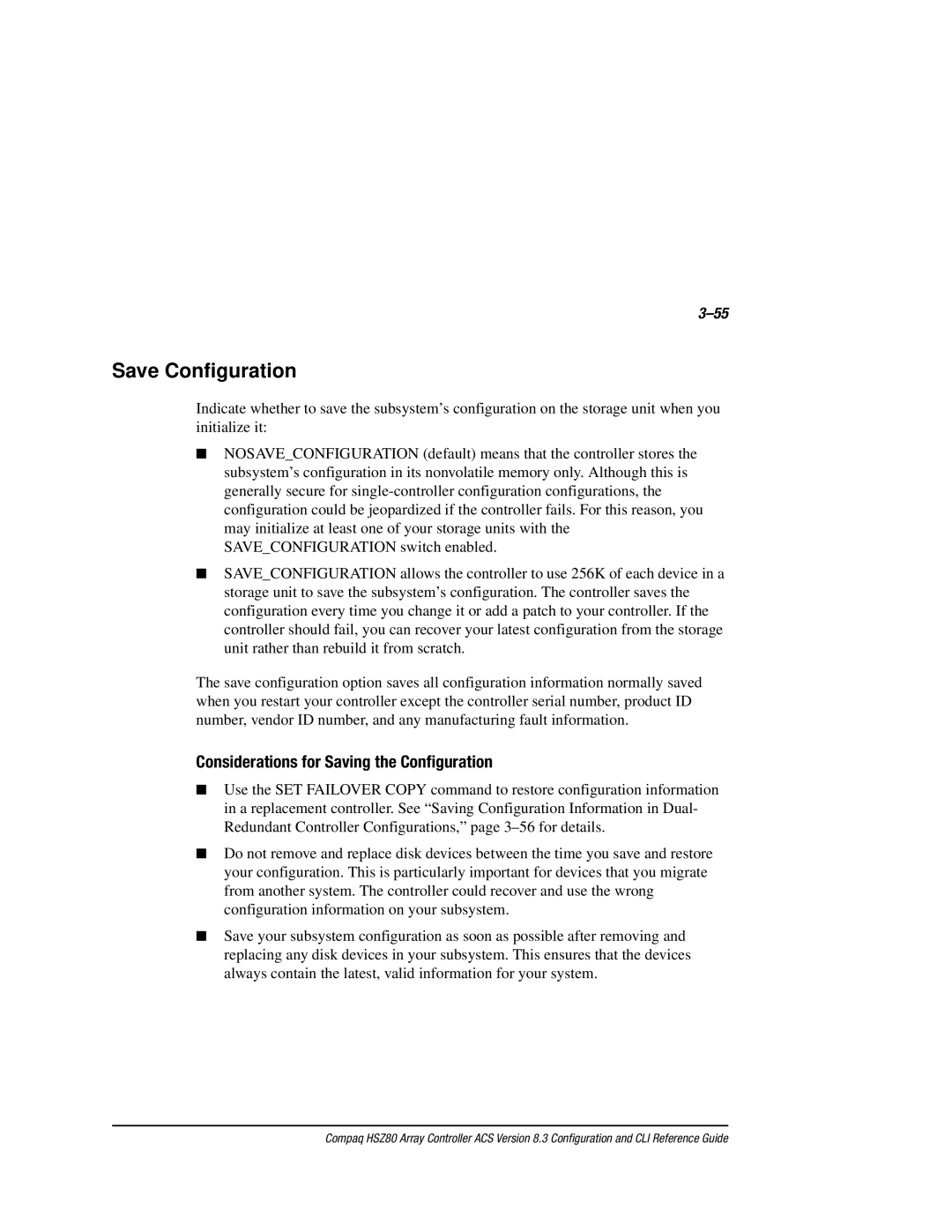 Compaq HSZ80 manual Save Configuration, Considerations for Saving the Configuration 