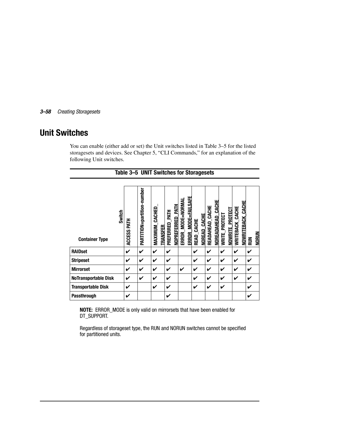 Compaq HSZ80 manual Unit Switches for Storagesets, 58Creating Storagesets 