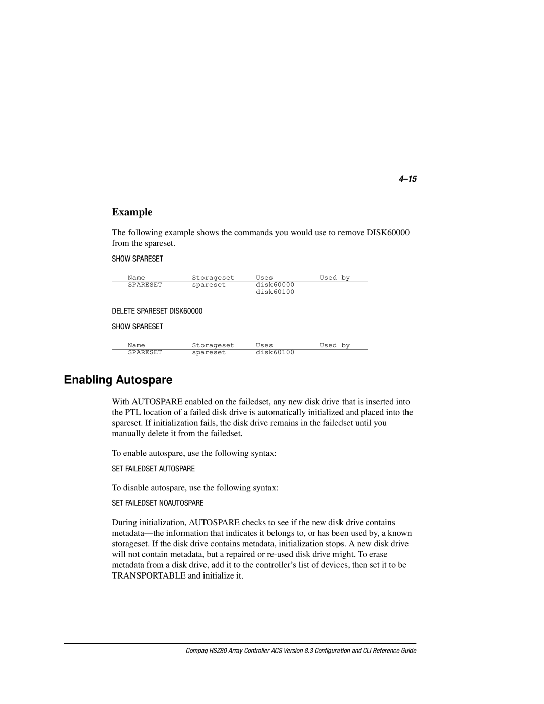 Compaq HSZ80 manual Enabling Autospare 