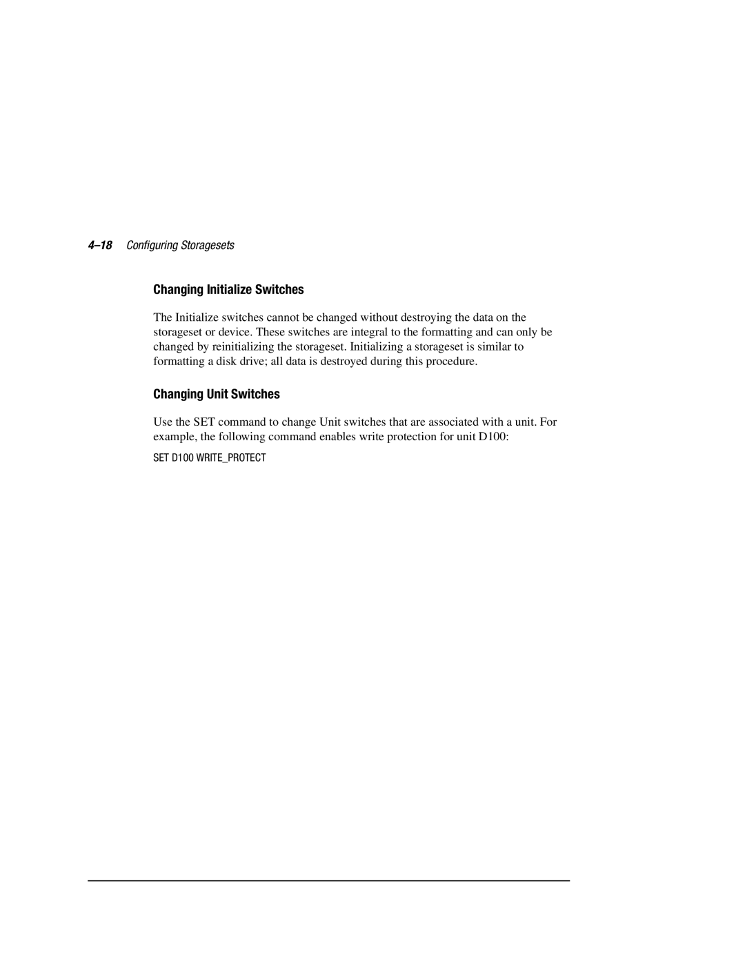 Compaq HSZ80 manual Changing Initialize Switches, Changing Unit Switches, 18Configuring Storagesets 