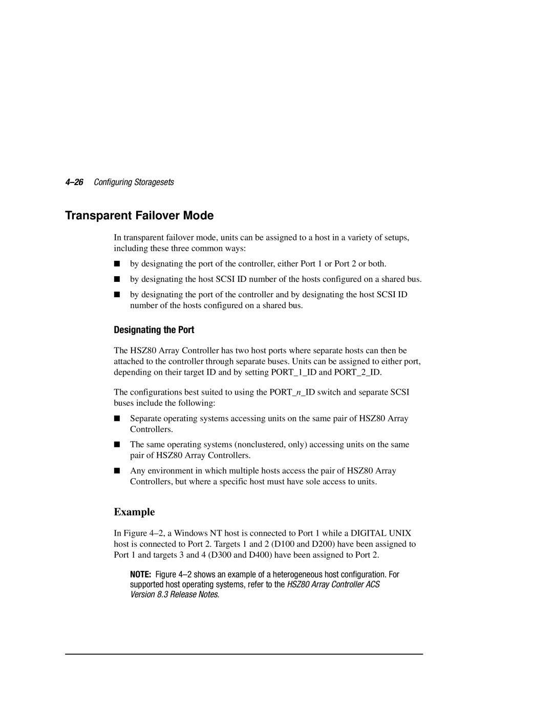 Compaq HSZ80 manual Transparent Failover Mode, Designating the Port, 26Configuring Storagesets 