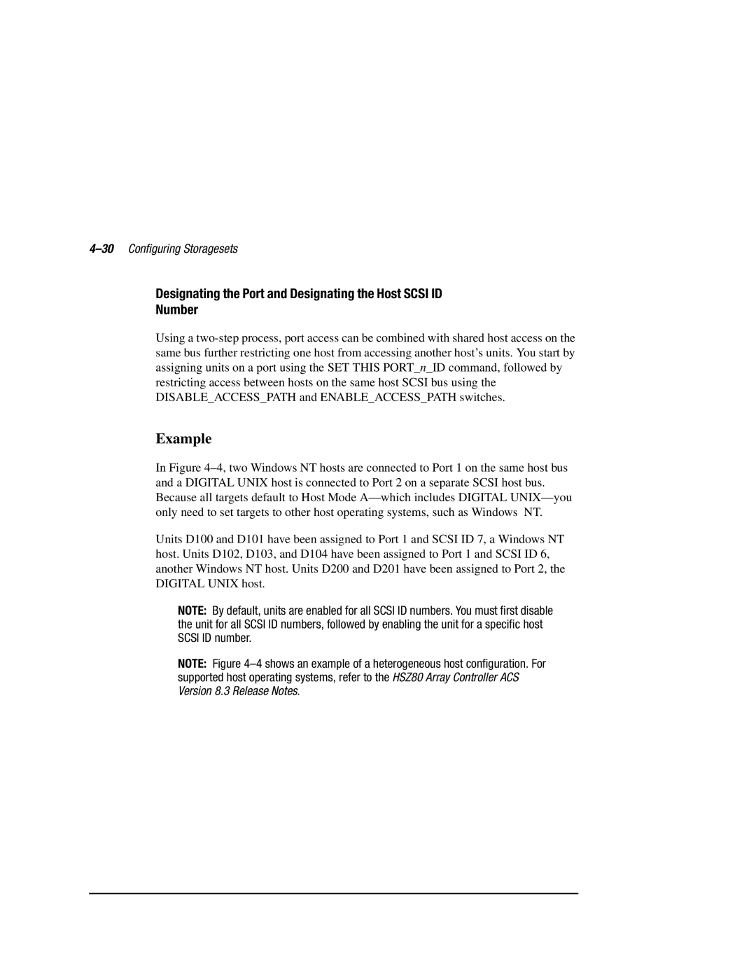 Compaq HSZ80 manual Designating the Port and Designating the Host Scsi ID Number, 30Configuring Storagesets 