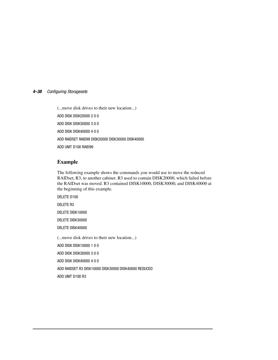 Compaq HSZ80 manual 38Configuring Storagesets, Move disk drives to their new location 