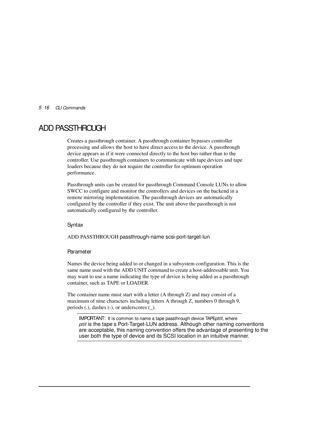 Compaq HSZ80 manual Parameter, 16CLI Commands, ADD Passthrough passthrough-name scsi-port-target-lun 