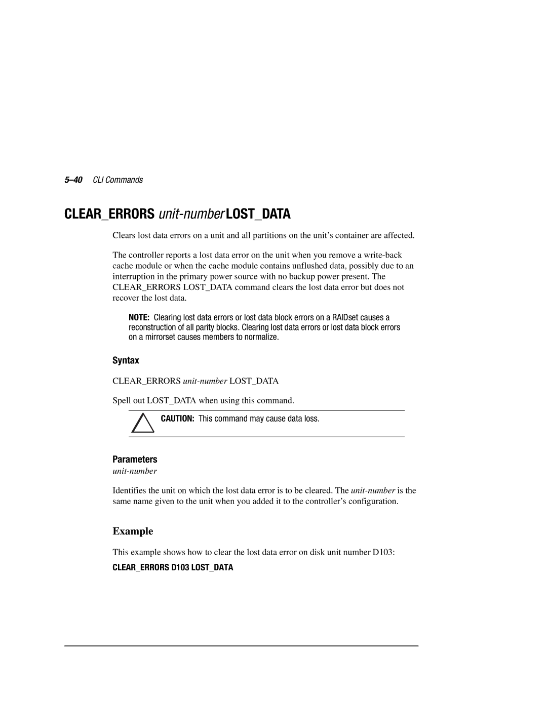 Compaq HSZ80 manual Clearerrors unit-numberLOSTDATA, 40CLI Commands, Clearerrors D103 Lostdata 