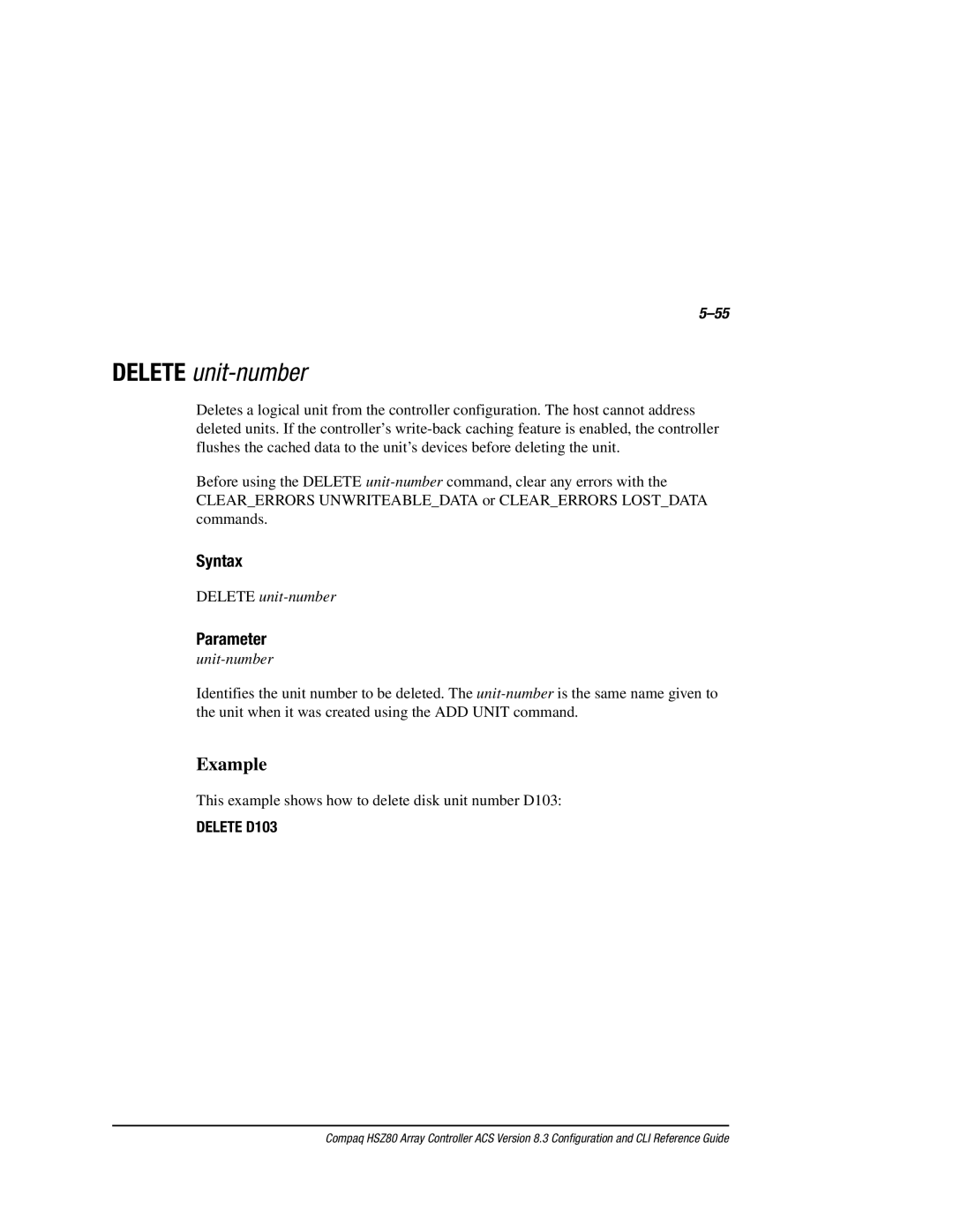 Compaq HSZ80 manual Delete unit-number, Delete D103 