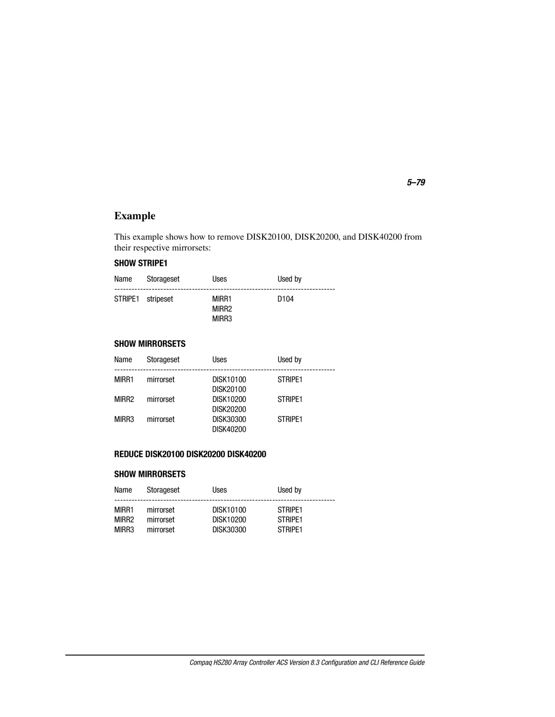 Compaq HSZ80 manual Show STRIPE1, Show Mirrorsets 