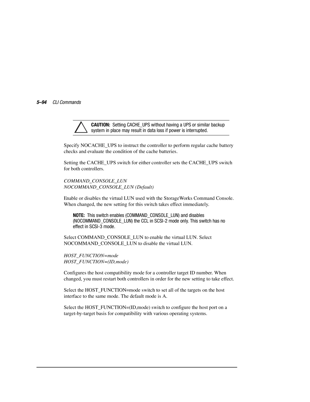 Compaq HSZ80 manual 94CLI Commands, Commandconsolelun, Nocommandconsolelun Default, HOSTFUNCTION=mode HOSTFUNCTION=ID,mode 