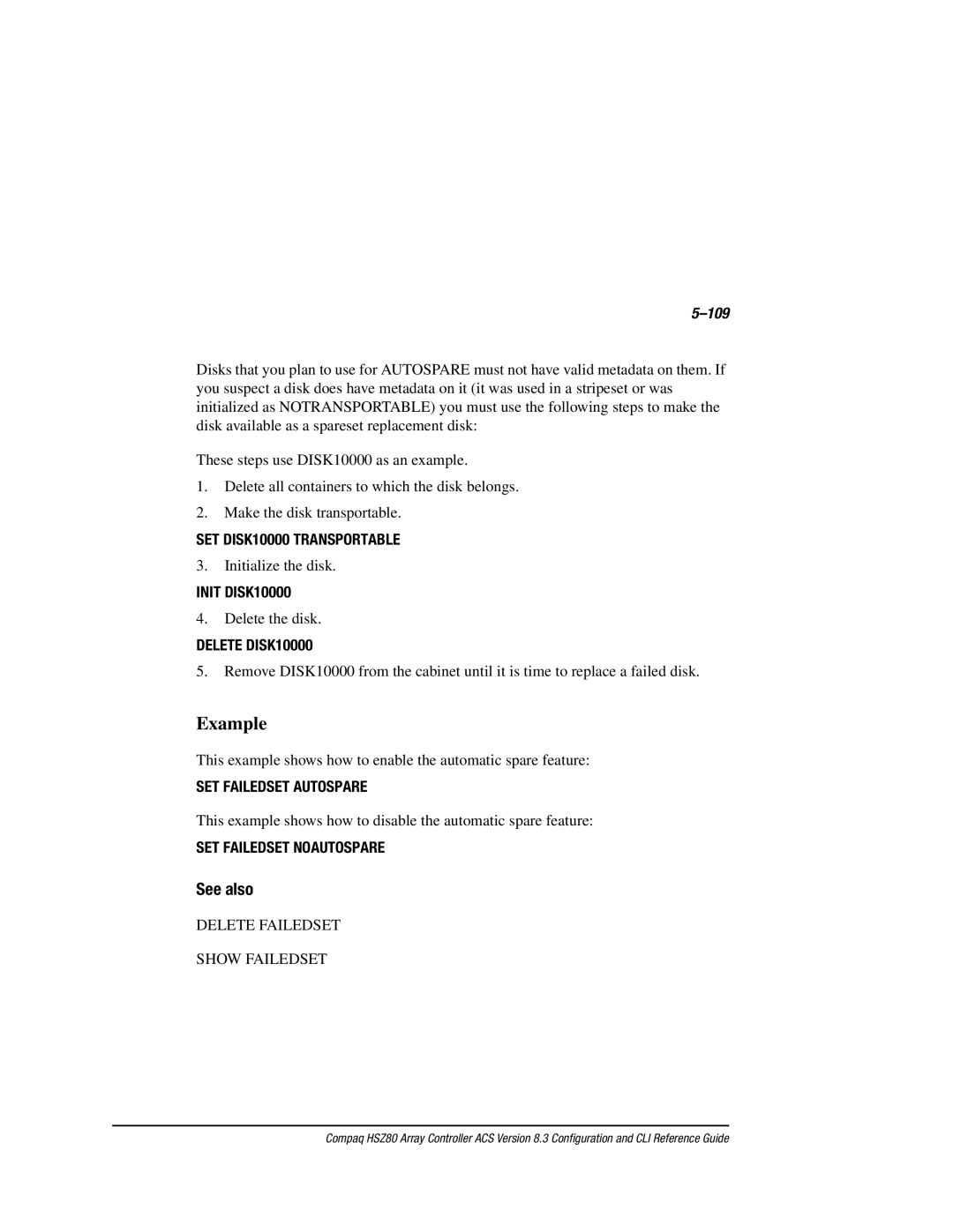 Compaq HSZ80 manual 109, SET DISK10000 Transportable, Init DISK10000, SET Failedset Autospare, SET Failedset Noautospare 