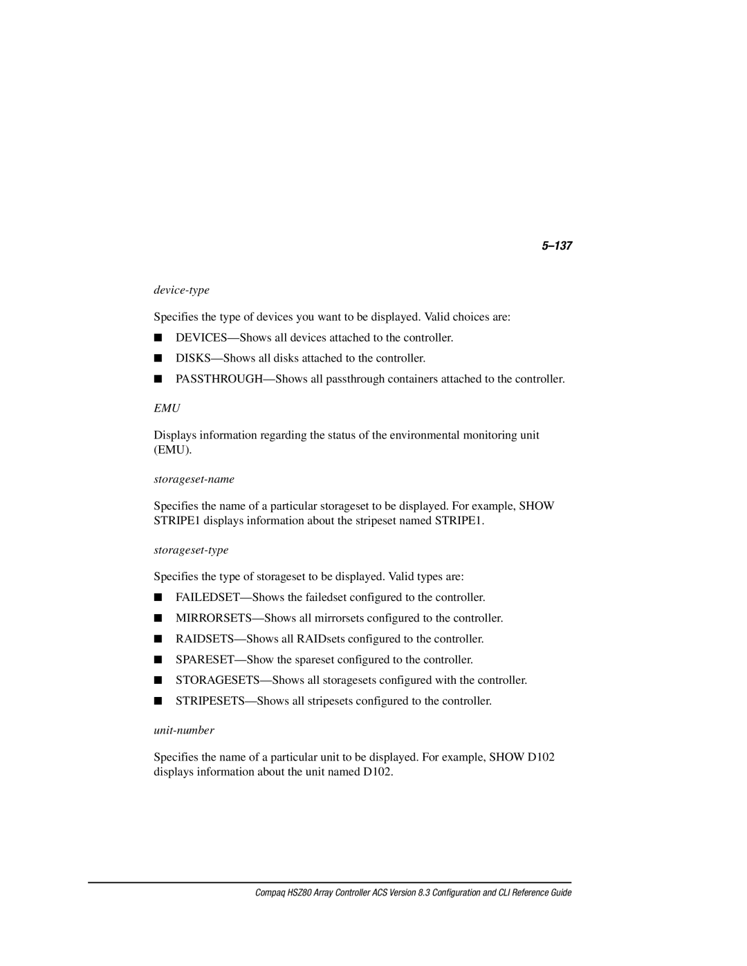 Compaq HSZ80 manual 137, Device-type, Emu, Storageset-name, Storageset-type 