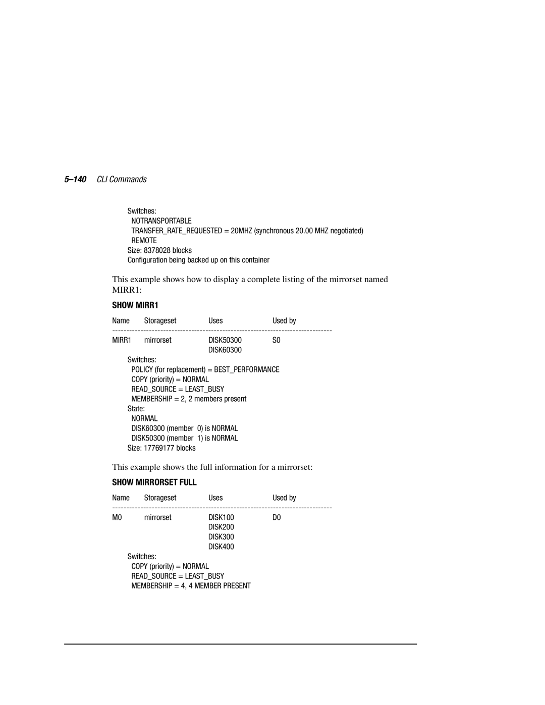 Compaq HSZ80 manual 140CLI Commands, Show MIRR1, Show Mirrorset Full 