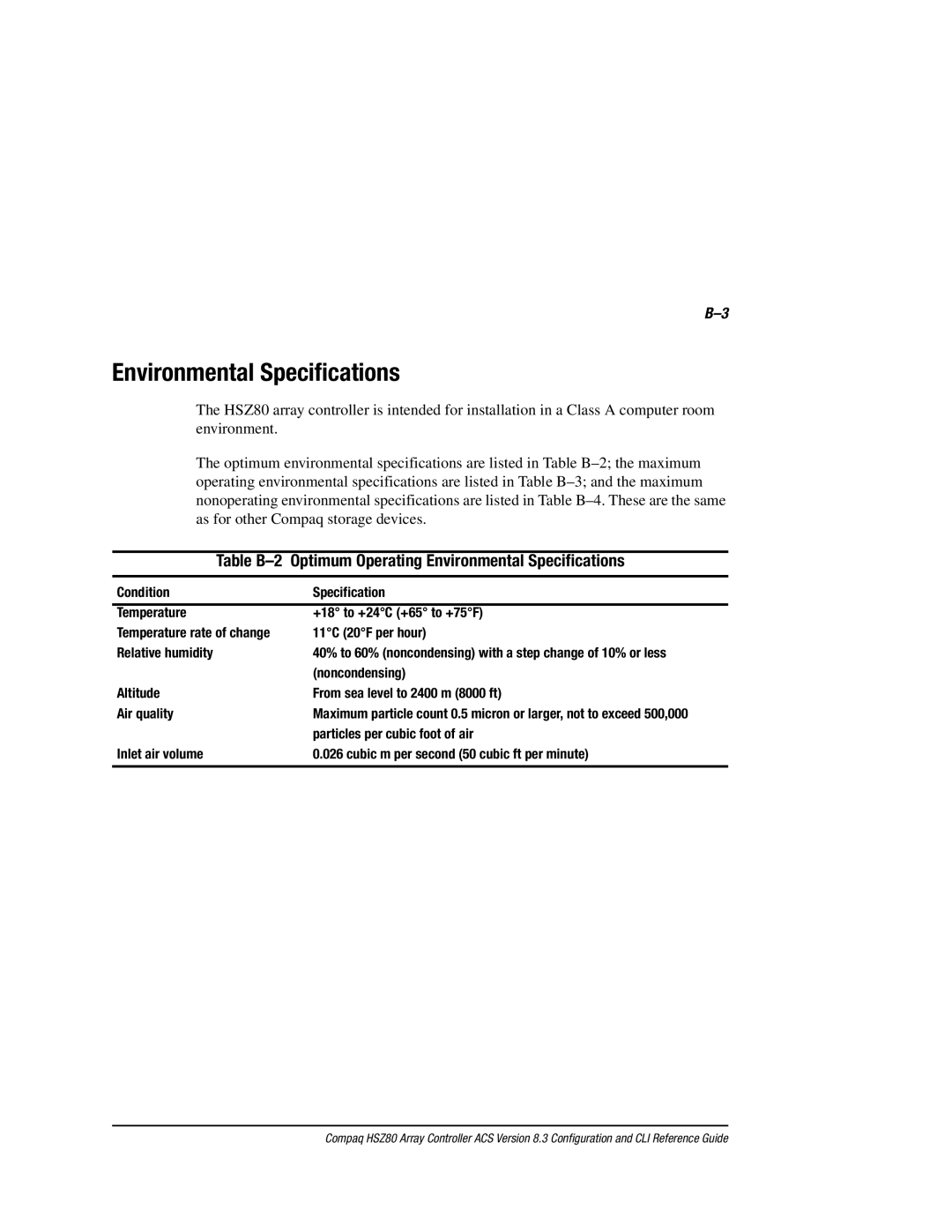 Compaq HSZ80 manual Optimum Operating Environmental Specifications 