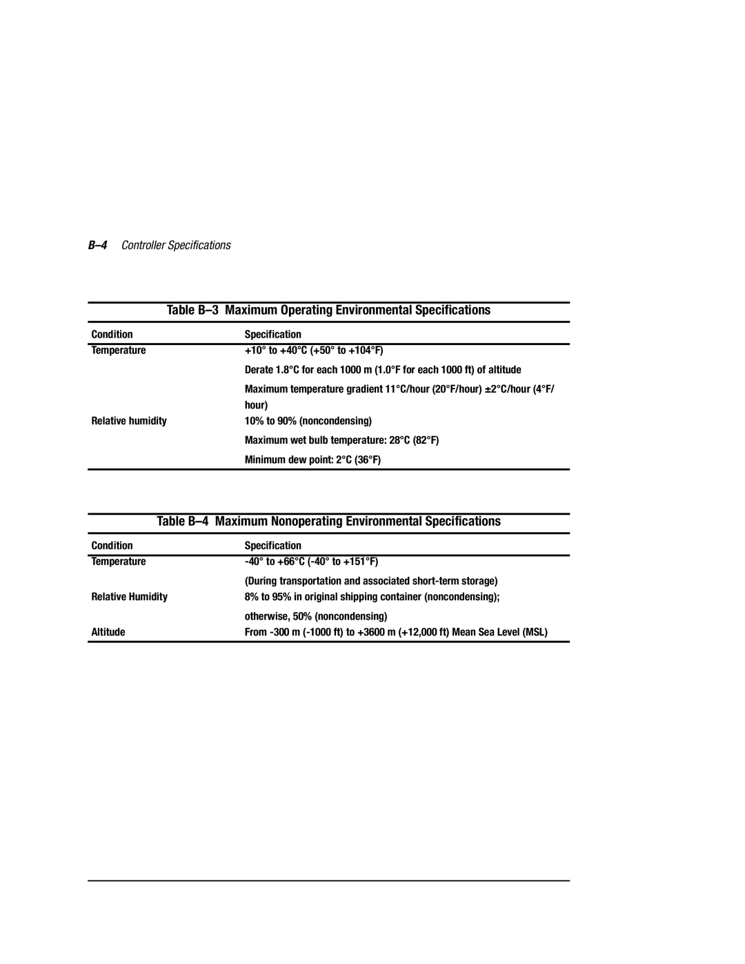 Compaq HSZ80 manual Table B-3 Maximum Operating Environmental Specifications, 4Controller Specifications 