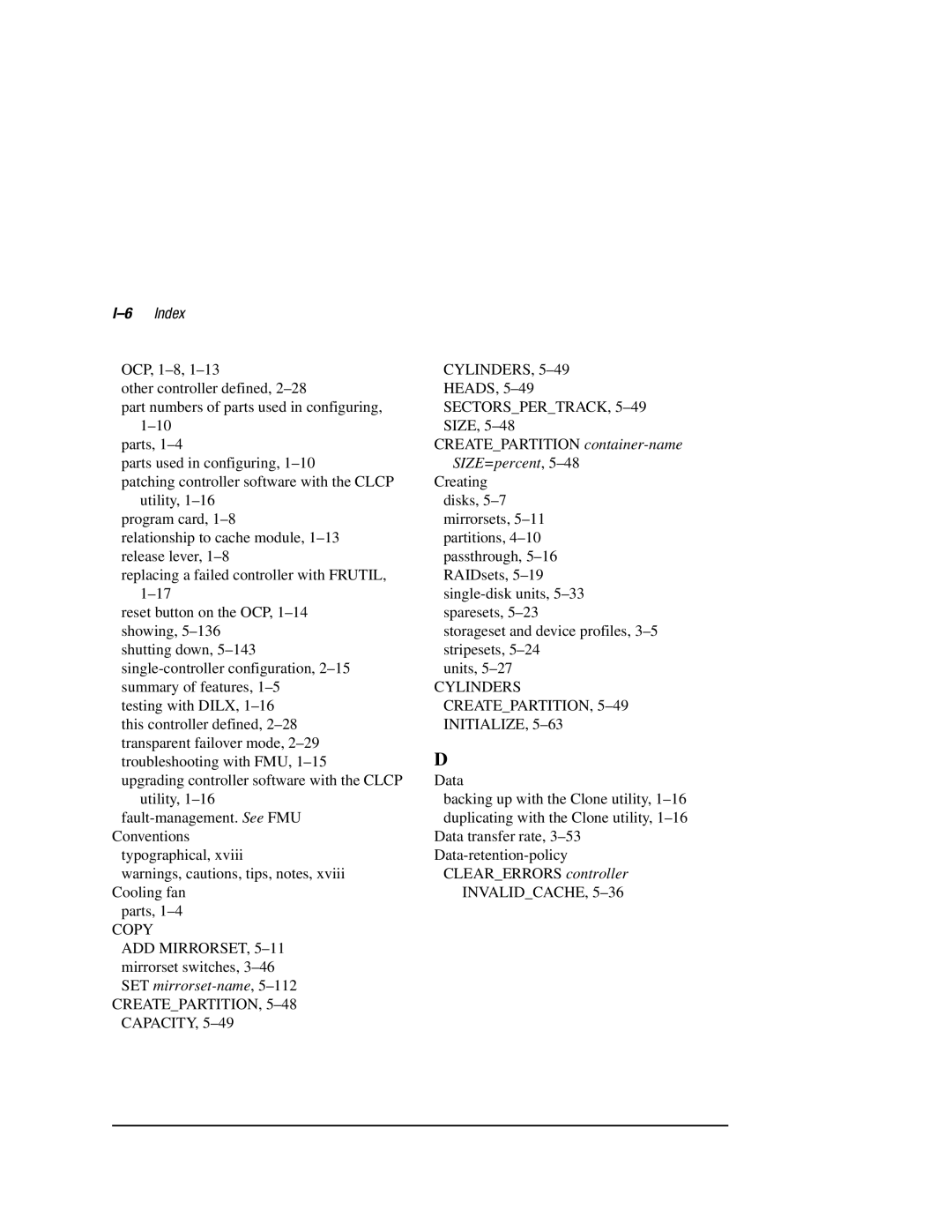 Compaq HSZ80 manual 6Index, Copy, Cylinders CREATEPARTITION, 5-49INITIALIZE 