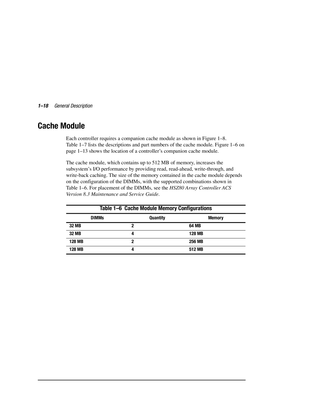 Compaq HSZ80 manual Cache Module Memory Configurations, 18General Description 