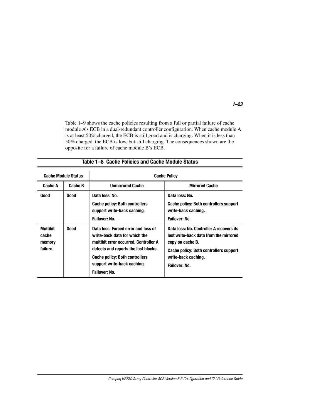 Compaq HSZ80 manual Cache Policies and Cache Module Status 