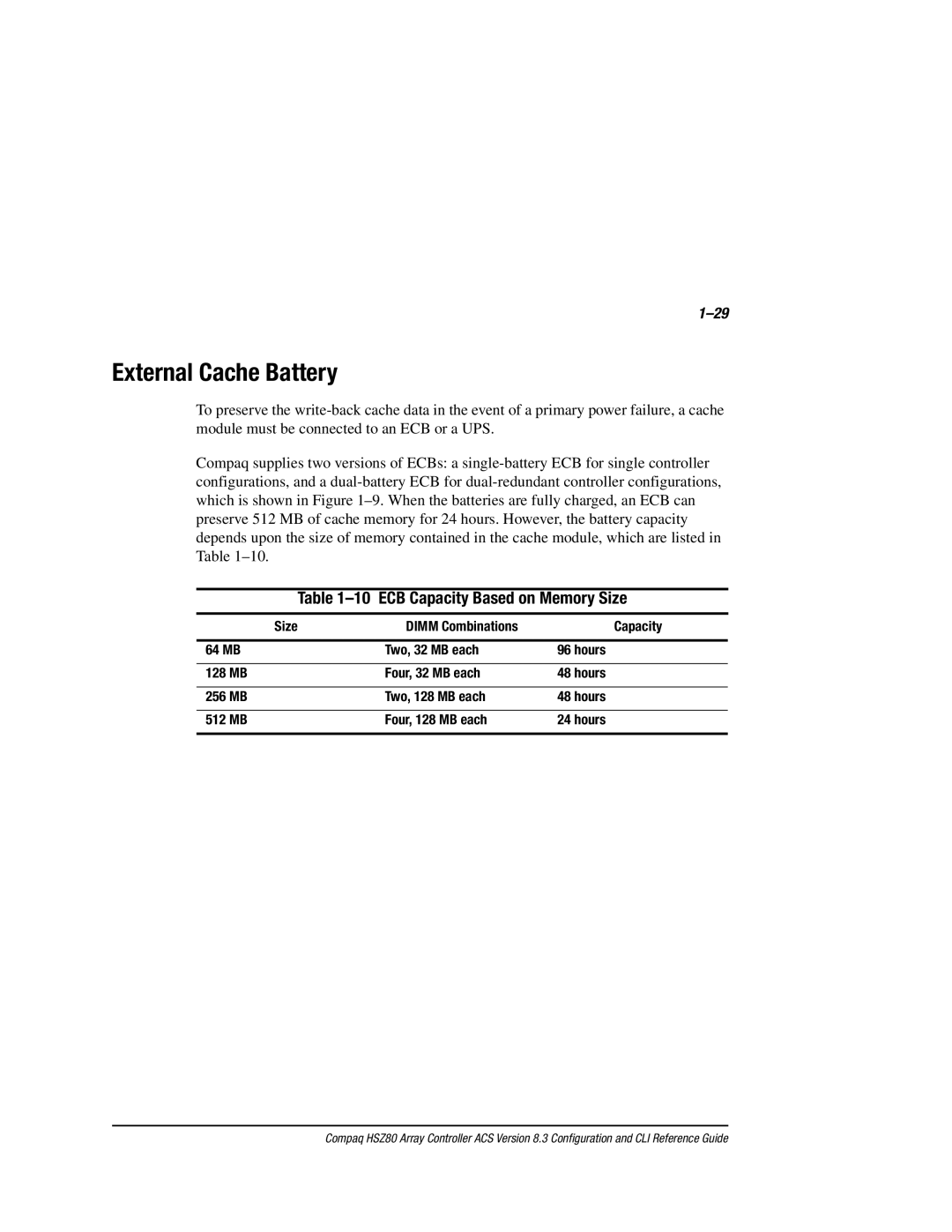 Compaq HSZ80 manual External Cache Battery, ECB Capacity Based on Memory Size 