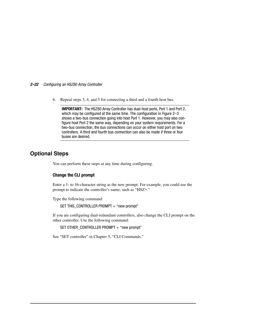 Compaq manual Optional Steps, Change the CLI prompt, 22Configuring an HSZ80 Array Controller 