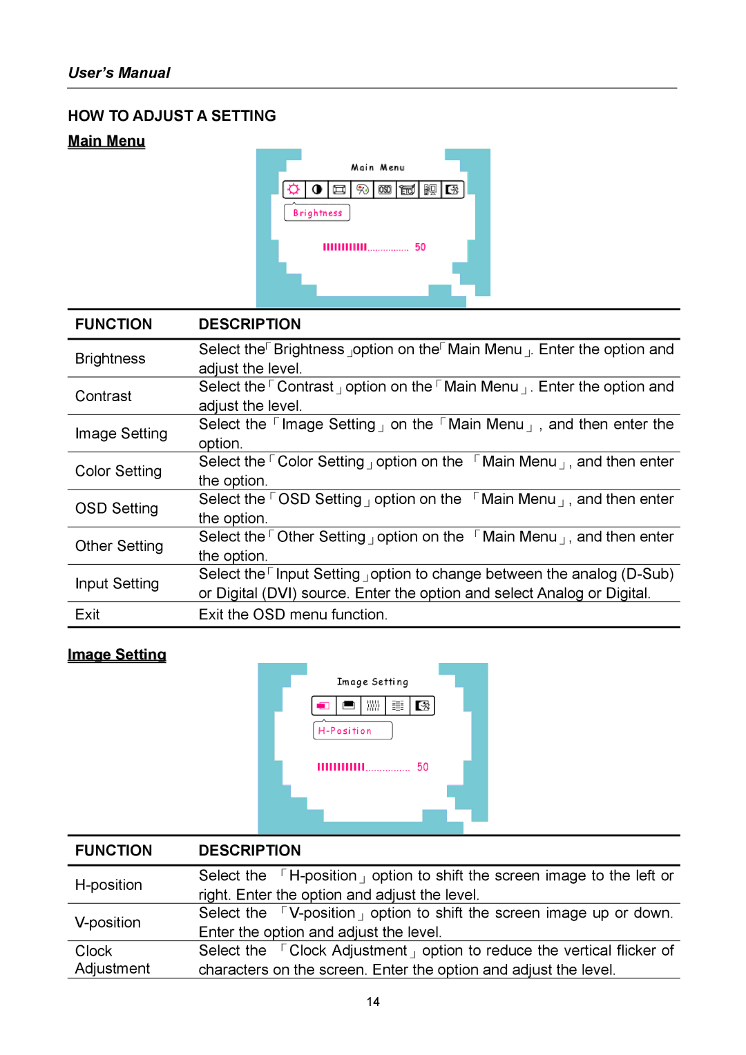 Compaq HW194 user manual HOW to Adjust a Setting, Function Description 