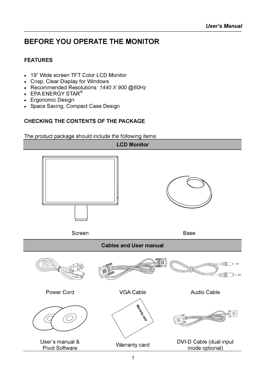 Compaq HW194 user manual Before YOU Operate the Monitor, Features, Checking the Contents of the Package 