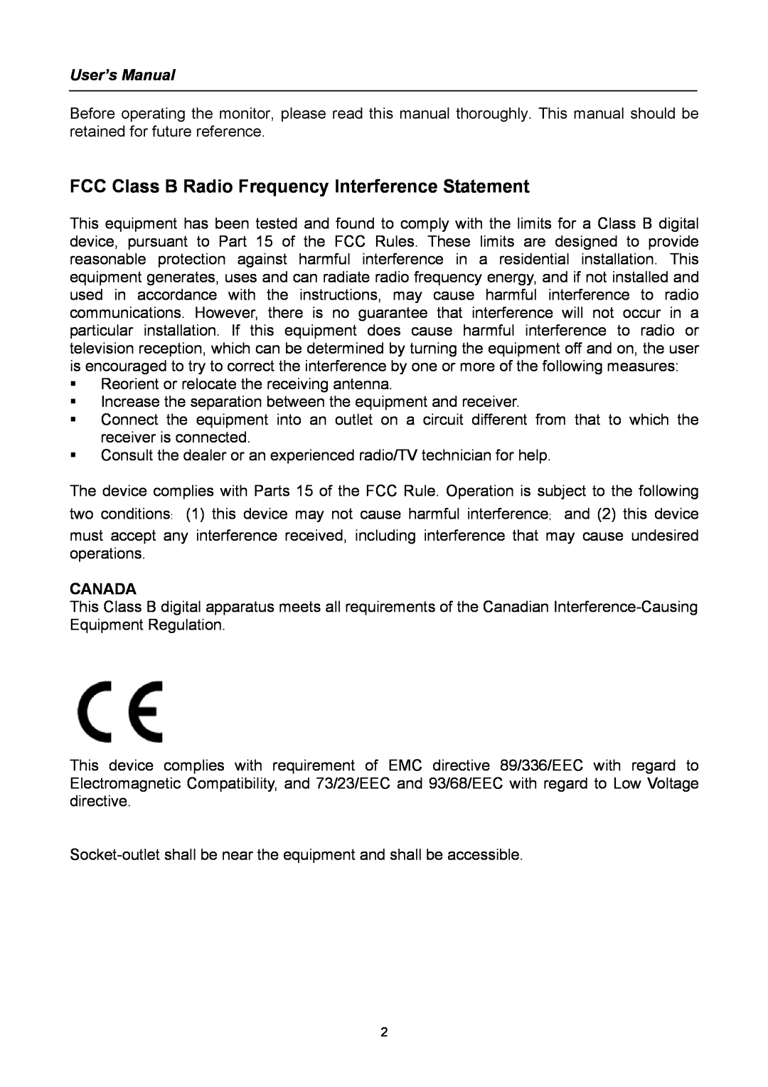 Compaq HW194 user manual FCC Class B Radio Frequency Interference Statement, User’s Manual, Canada 