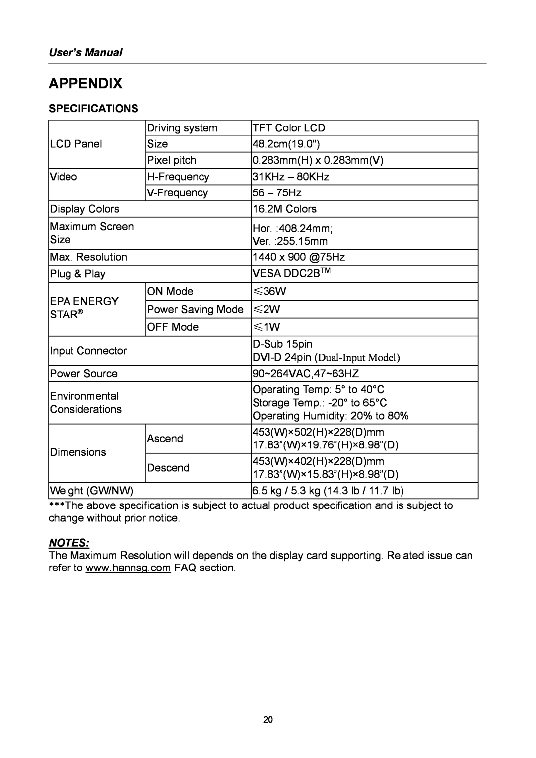 Compaq HW194 user manual Appendix, User’s Manual, Specifications 