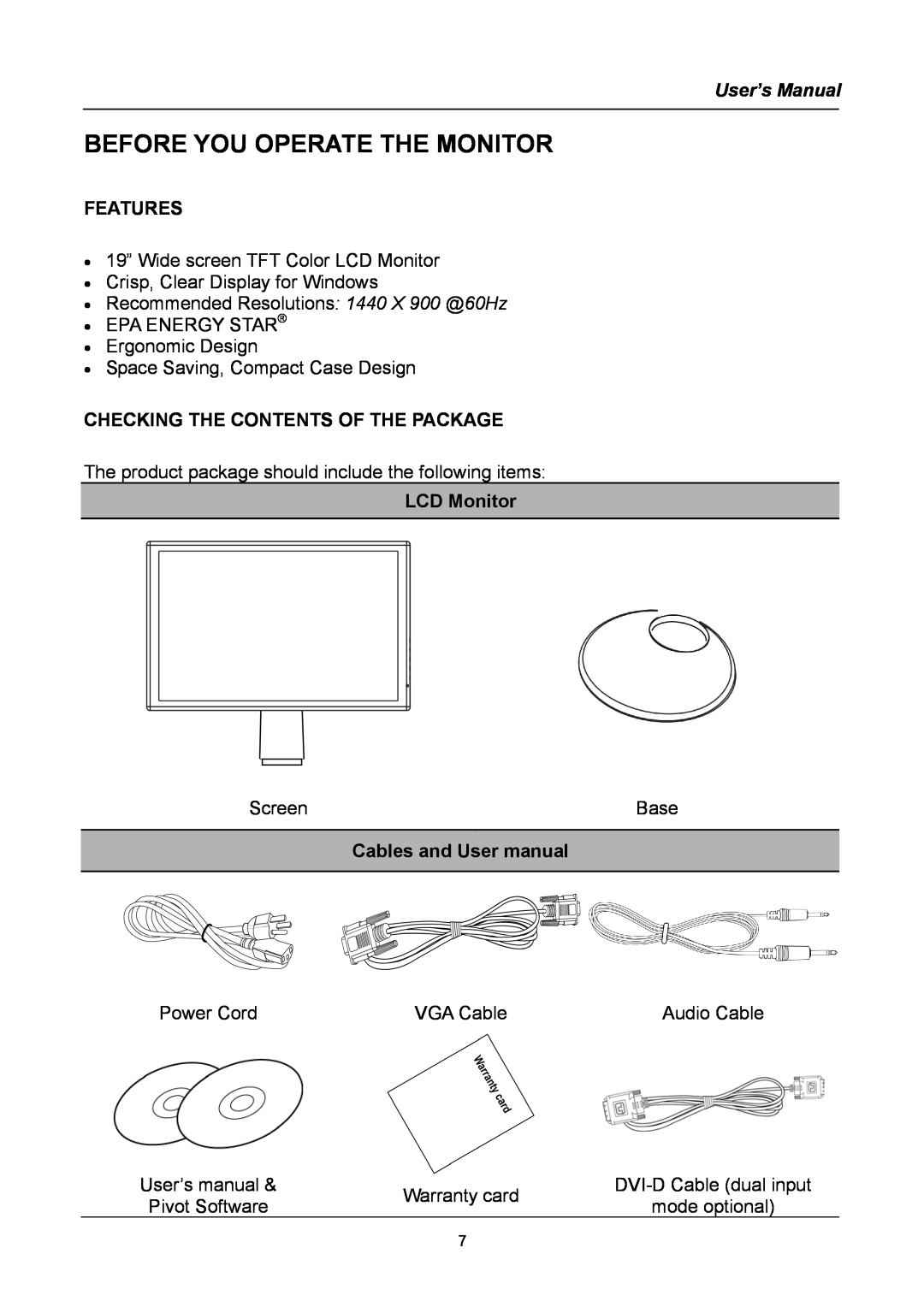 Compaq HW194 Before You Operate The Monitor, User’s Manual, Features, Checking The Contents Of The Package, LCD Monitor 