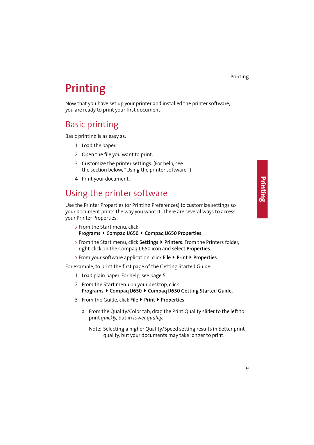 Compaq IJ650 manual Basic printing, Using the printer software 