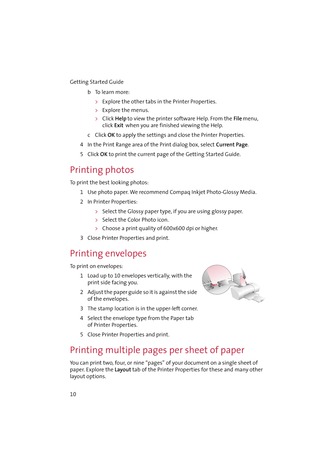 Compaq IJ650 manual Printing photos, Printing envelopes, Printing multiple pages per sheet of paper 