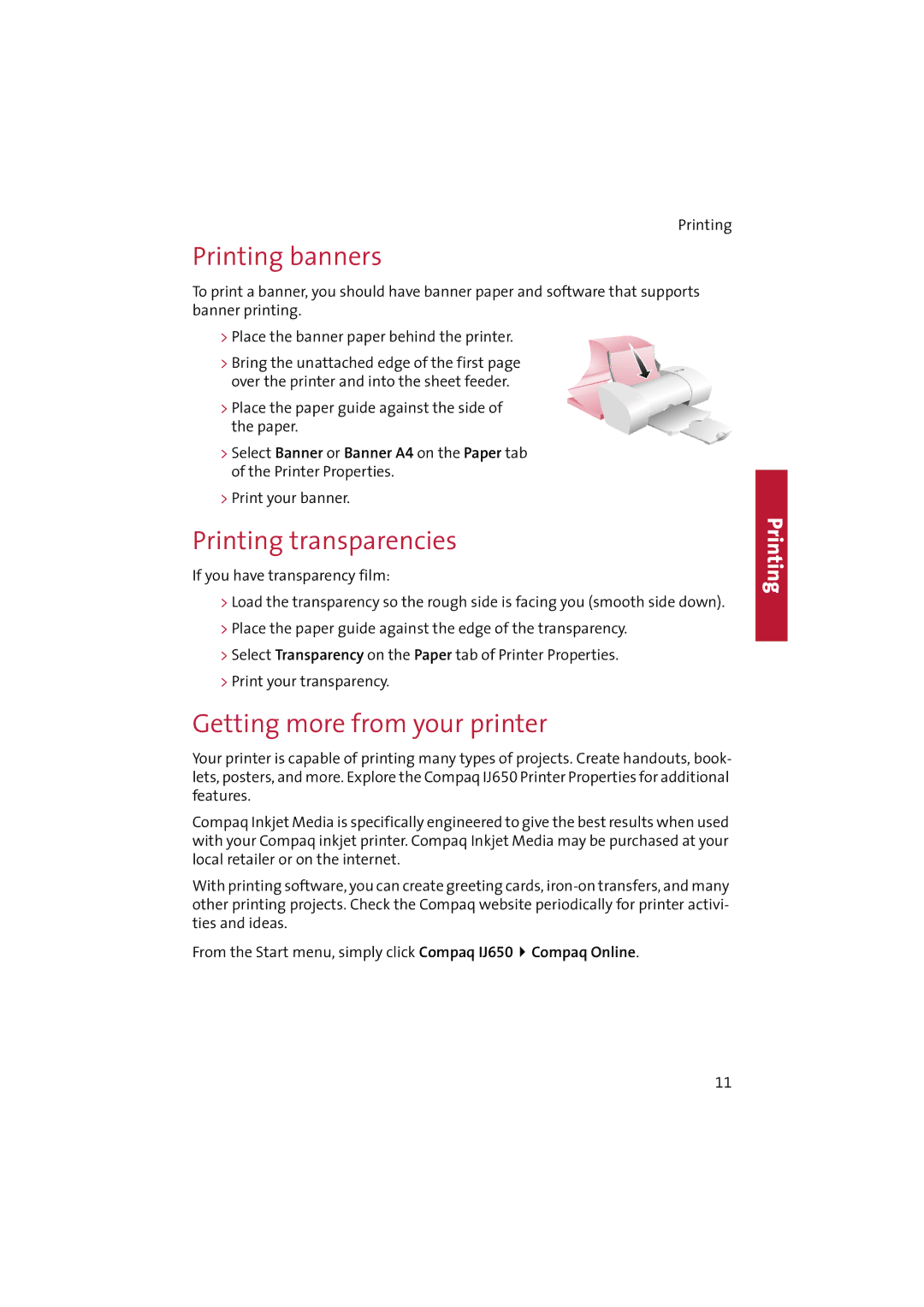 Compaq IJ650 manual Printing banners, Printing transparencies, Getting more from your printer 