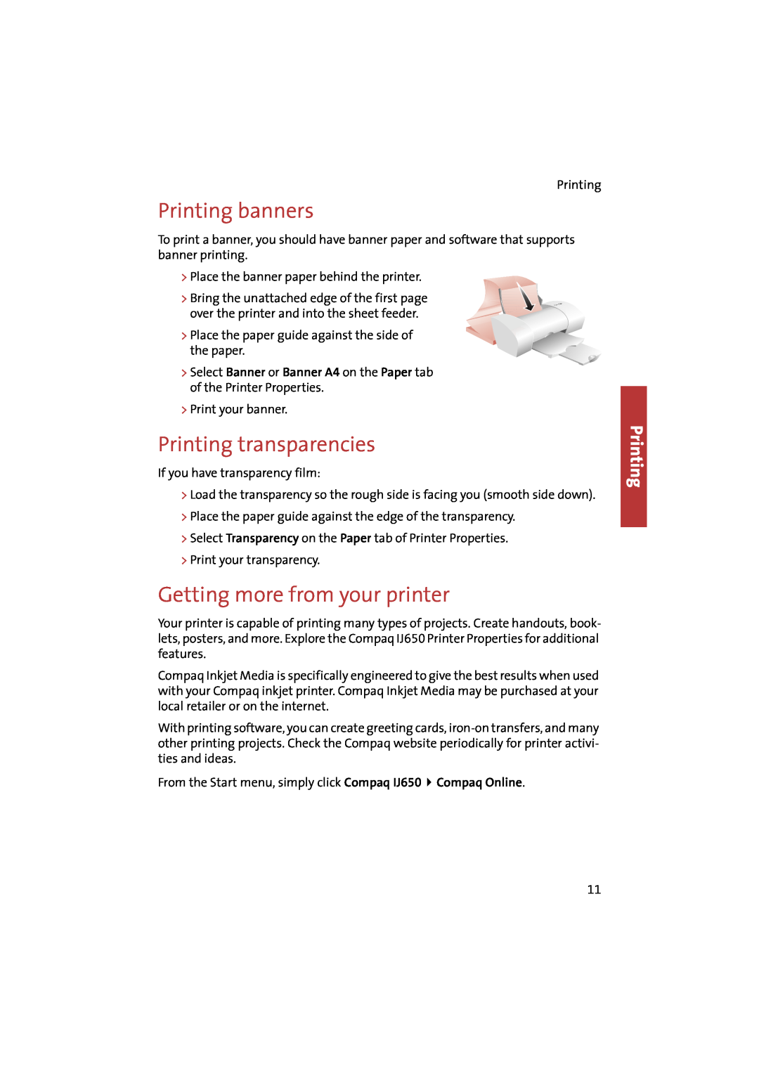 Compaq IJ650 manual Printing banners, Printing transparencies, Getting more from your printer 