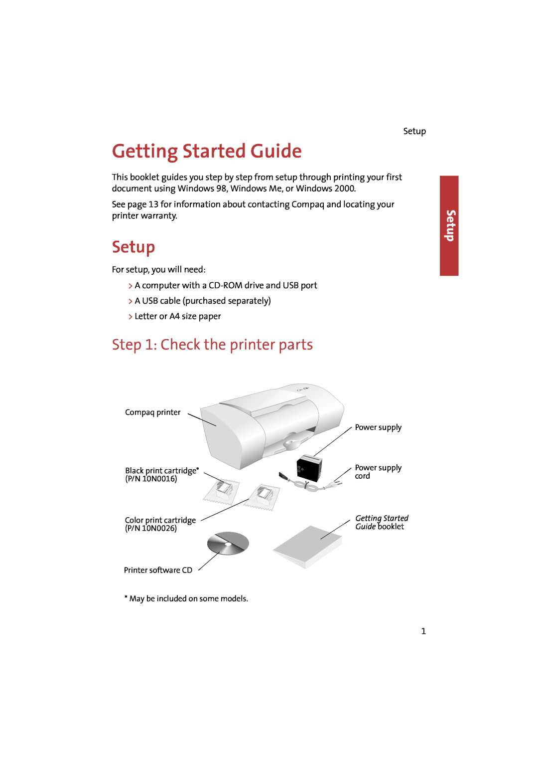 Compaq IJ650 manual Getting Started Guide, Setup, Check the printer parts 