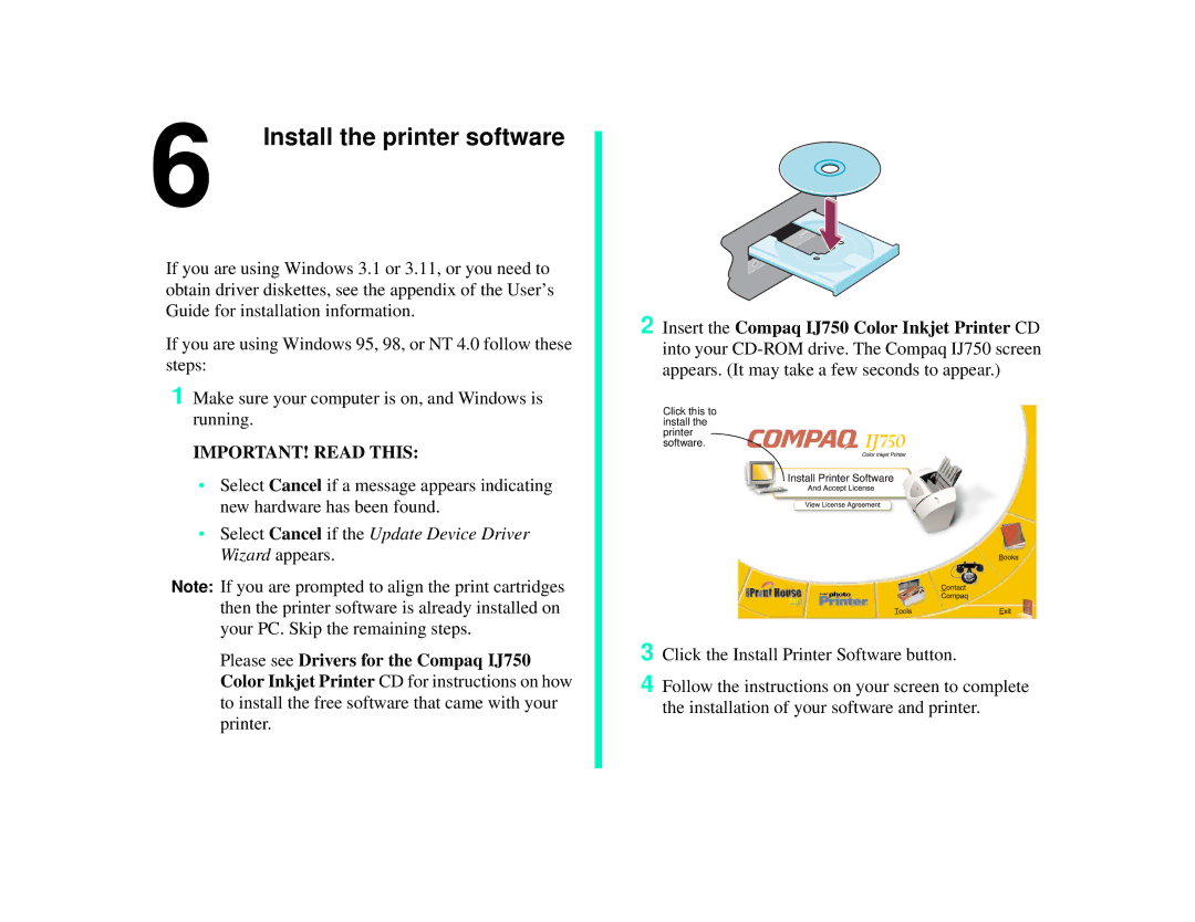 Compaq IJ750 manual Install the printer software, IMPORTANT! Read this 