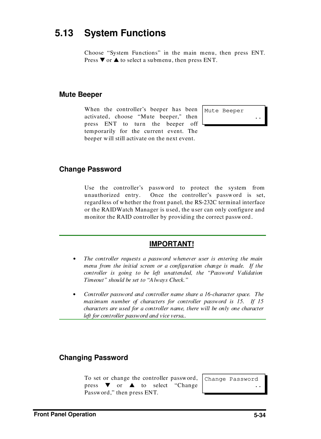 Compaq Infortrend manual System Functions, Mute Beeper, Change Password, Changing Password 