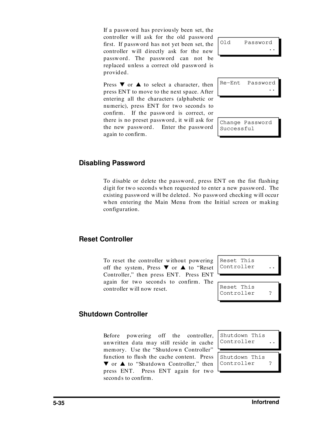 Compaq Infortrend manual Disabling Password, Reset Controller, Shutdown Controller 