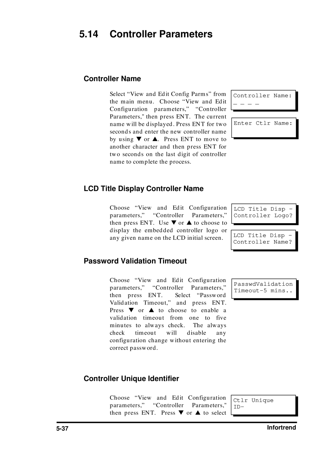 Compaq Infortrend manual Controller Parameters, LCD Title Display Controller Name, Password Validation Timeout 