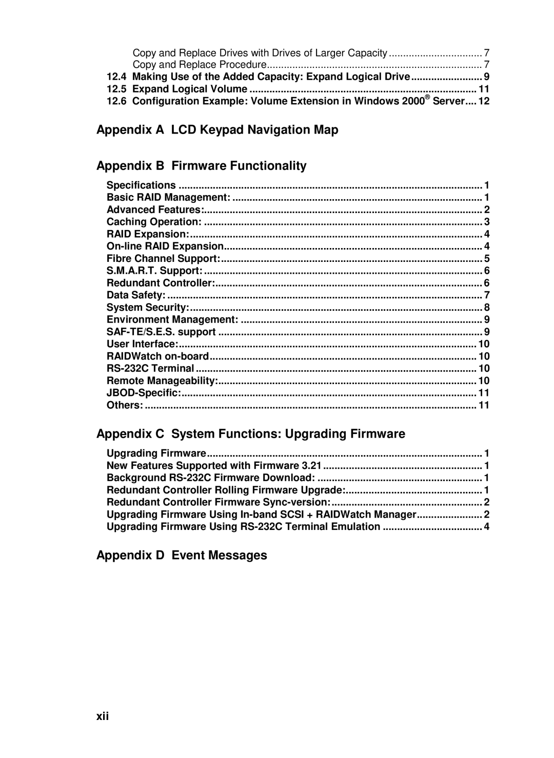 Compaq Infortrend manual Appendix C System Functions Upgrading Firmware, Appendix D Event Messages, Xii 