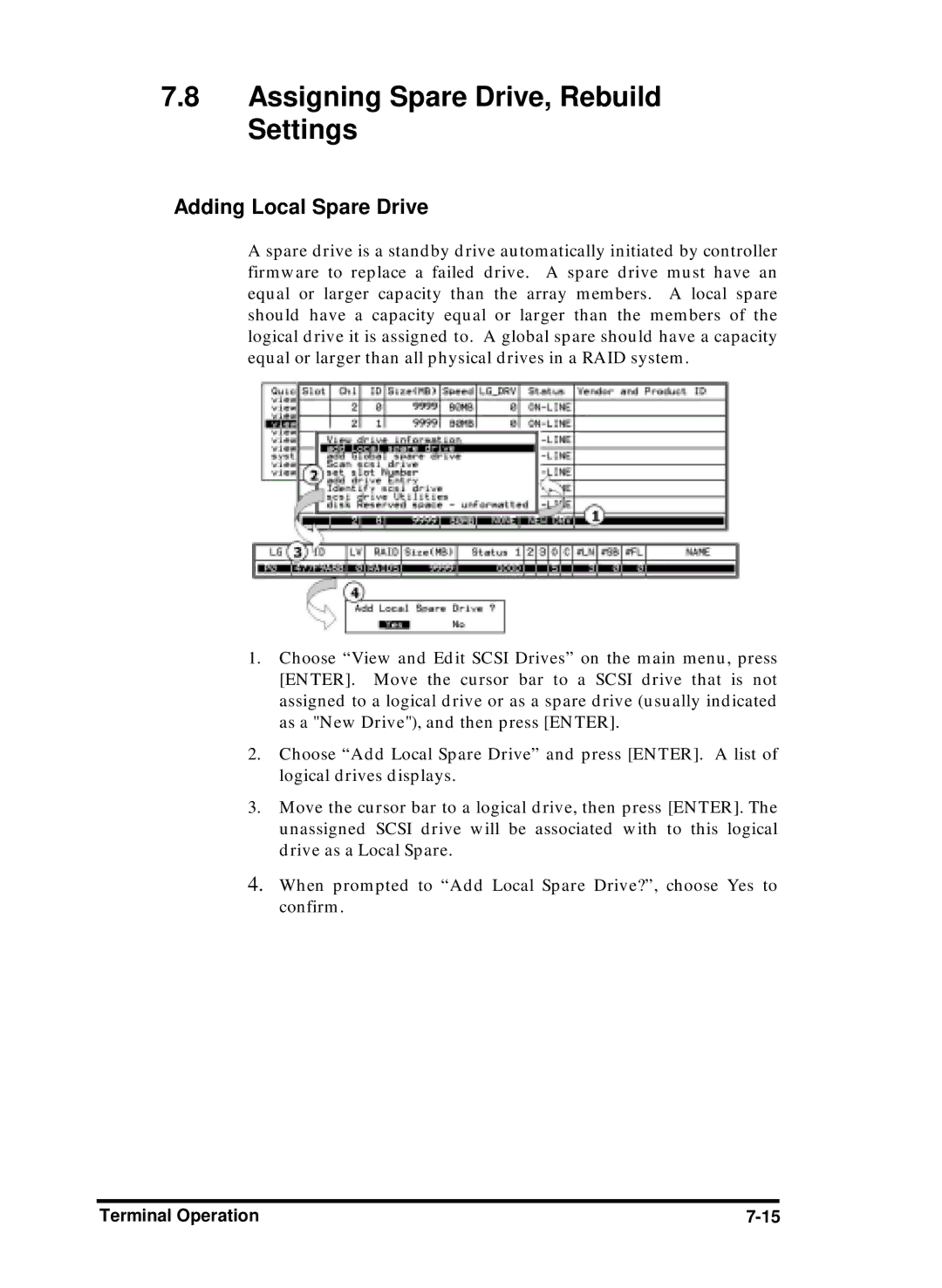 Compaq Infortrend manual Assigning Spare Drive, Rebuild Settings, Adding Local Spare Drive 