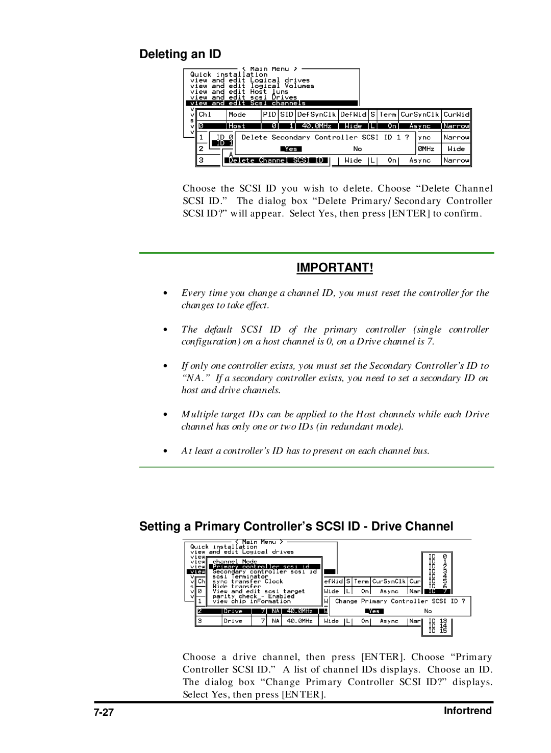 Compaq Infortrend manual Deleting an ID, Setting a Primary Controller’s Scsi ID Drive Channel 