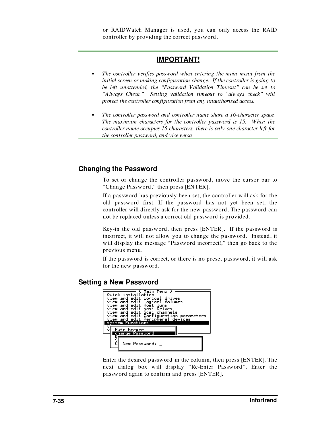 Compaq Infortrend manual Changing the Password, Setting a New Password 