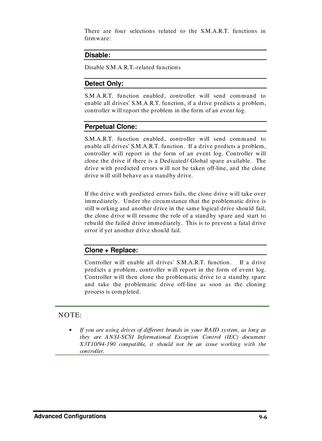 Compaq Infortrend manual Disable, Detect Only, Perpetual Clone, Clone + Replace 