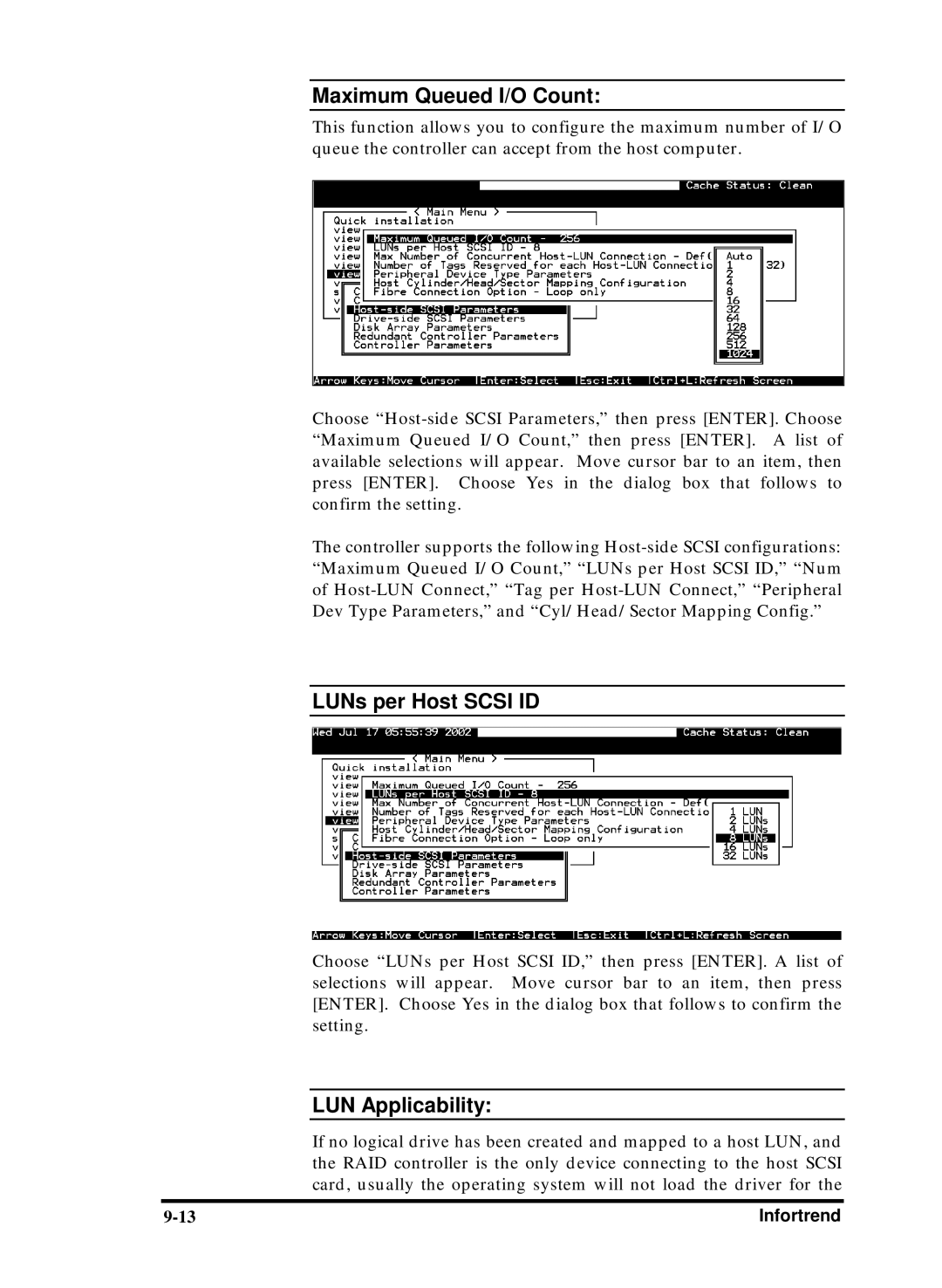 Compaq Infortrend manual Maximum Queued I/O Count, LUNs per Host Scsi ID, LUN Applicability 