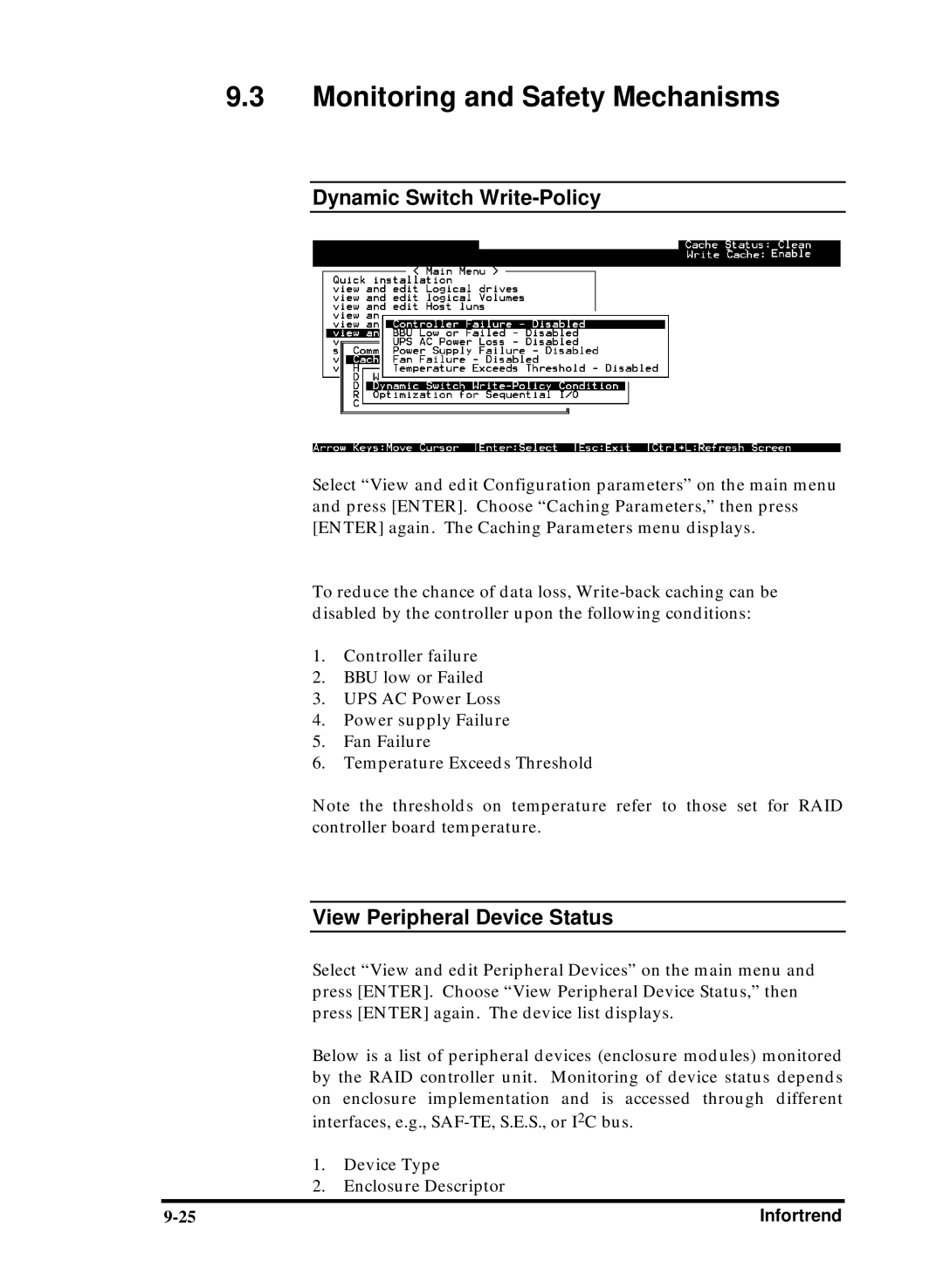 Compaq Infortrend manual Monitoring and Safety Mechanisms, Dynamic Switch Write-Policy, View Peripheral Device Status 