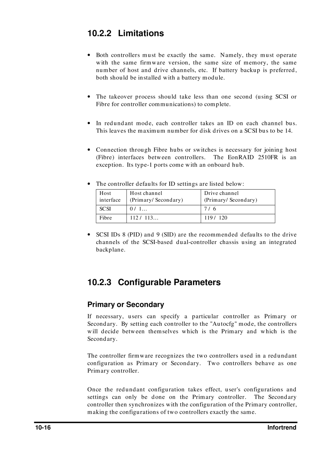 Compaq Infortrend manual Limitations, Configurable Parameters, Primary or Secondary 