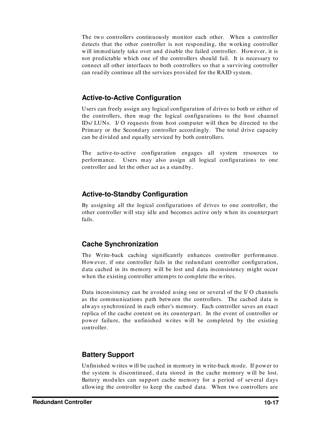 Compaq Infortrend Active-to-Standby Configuration, Cache Synchronization, Battery Support, Redundant Controller 10-17 