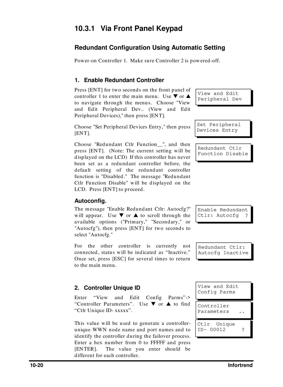 Compaq Infortrend Via Front Panel Keypad, Redundant Configuration Using Automatic Setting, Enable Redundant Controller 
