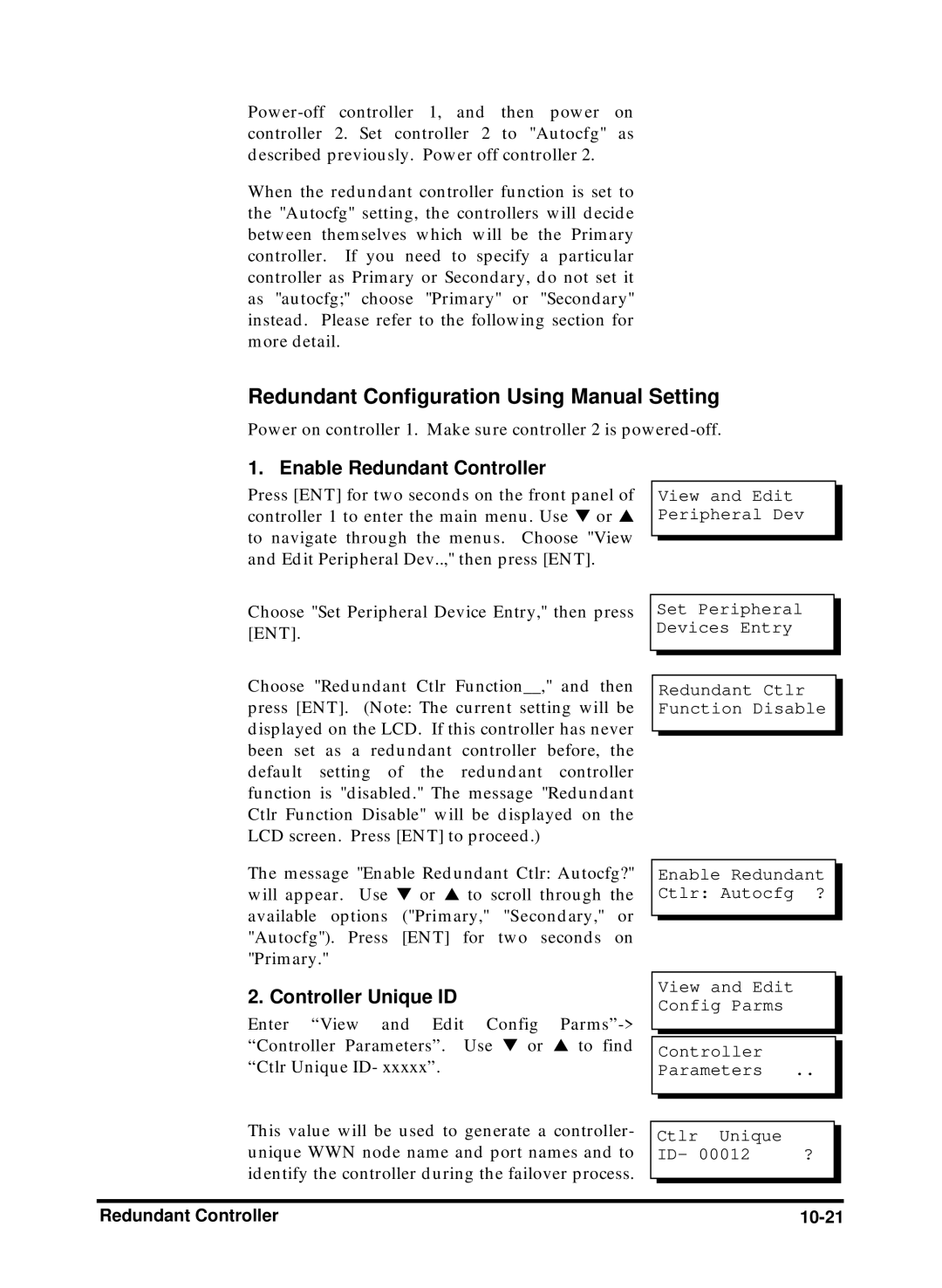 Compaq Infortrend Redundant Configuration Using Manual Setting, View and Edit Peripheral Dev, Redundant Controller 10-21 