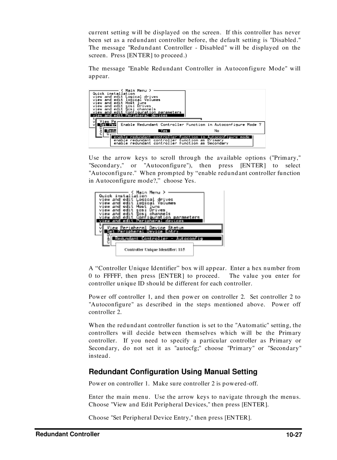 Compaq Infortrend manual Redundant Configuration Using Manual Setting, Redundant Controller 10-27 