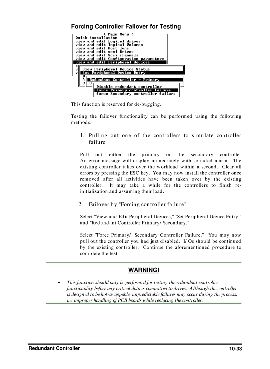 Compaq Infortrend manual Forcing Controller Failover for Testing, Redundant Controller 10-33 